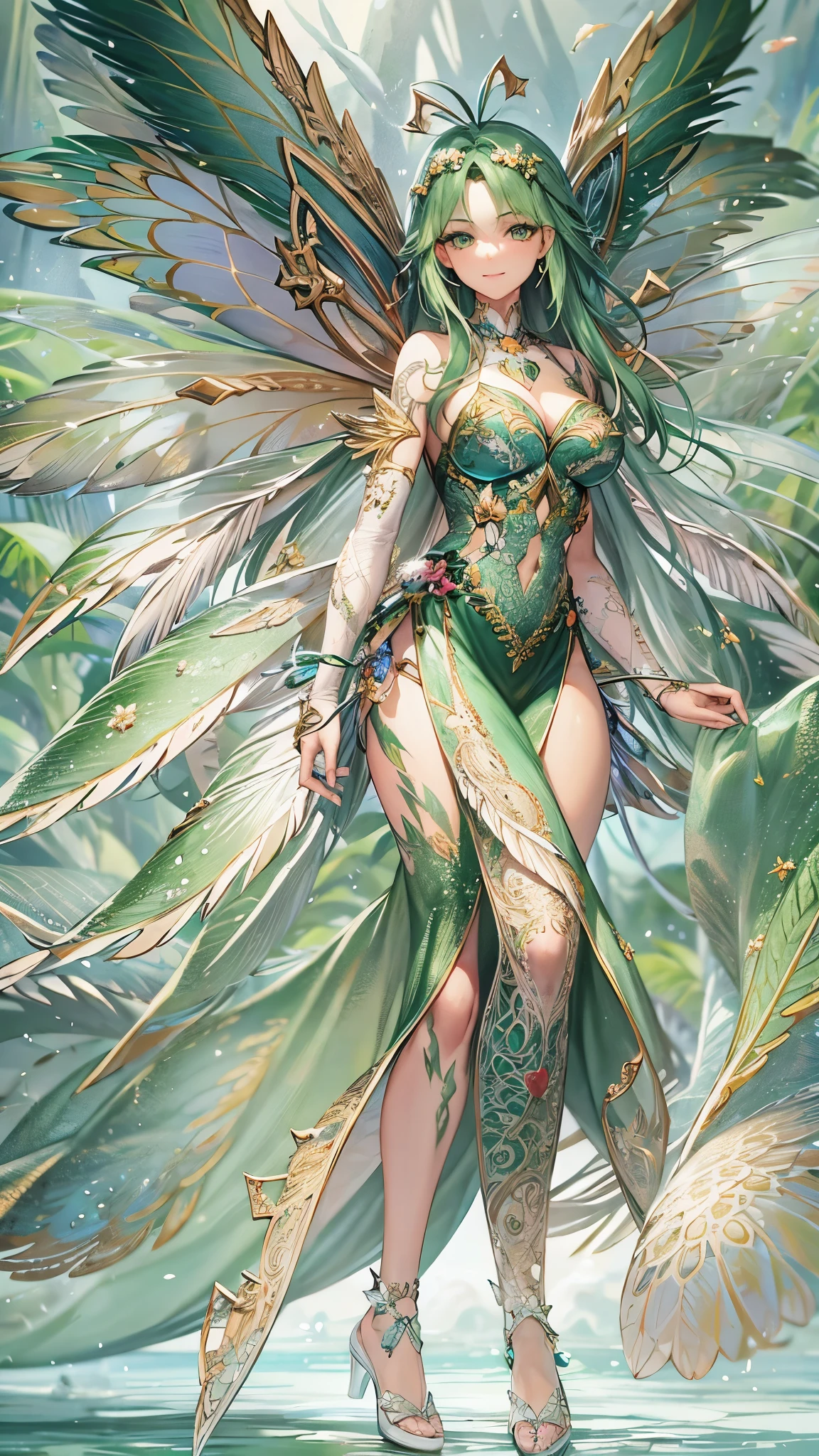 painting of a fairy with magnificent, large wings in a forest, smiling, wearing a flowing green micro dress, sensual digital painting, piece of master, full body, by chunie, by darkgem:0.8, Detailed background, ((full body)), 35mm LanceMen lens, Luthien, ((a stunning portrait of a God)), Frank Kelly Freas, Karol Bak style, ((gorgeous face)), Ultra Definition, best quality, 32k ultra |, Ultra HD |