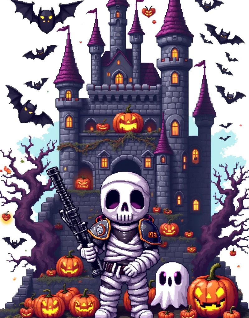 Holy Day，Pixel世界，(Mummy Warrior :1.4)，(Pumpkin mask)，( white bandage combat suit :1.5)， cool guns ，万Holy Day饰品，ghost，Skeleton，Mechanical bats，Will-O-Wisp，Halloween props ， Spooky Castle ，Mighty Monster ，Pure white background，The Q version is cute，Intense，Warm fantasy ， 90s FC red and white machine，Dopamineism，Dopamine color matching，Facing the screen，High Saturation， high contrast ， high definition，8k，Extreme details，Pixel