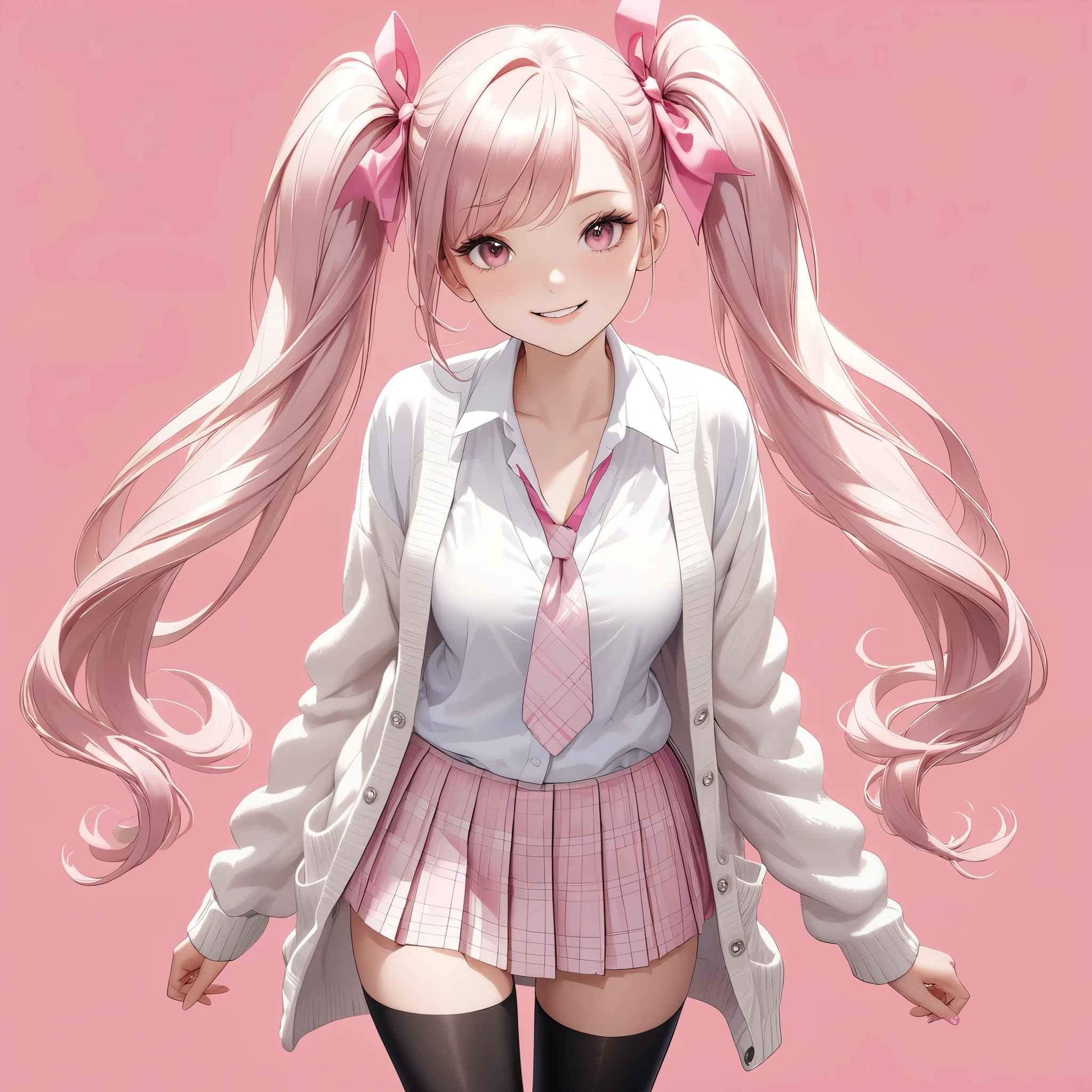 (8K, masutepiece, Best Quality, Official art, beautiful detailed, beautiful lighting, best masterpiece in history that exceeds limits), (1 Girl, Solo), (sixteen years old), (beautiful detailed face), (shiny white skin), (Beautiful big bust, cleavage, thighs:1.3), (beautiful detailed pink twin tails hair, Bangs:1.3), (beautiful detailed drooping pink eyes:1.5), (high school uniform:1.3), (white loose long length cardigan, overly long sleeves, open collar white shirt, pastel pink plaid pattern pleated skirt, patsel pink ribbon tie:1.3), (black_legwear, zettai_ryouiki, thigh_gap:1.2), (happy smile:1.2), (Attractive, sensational, look at viewer:1.3), (simple white plain background:1.5),