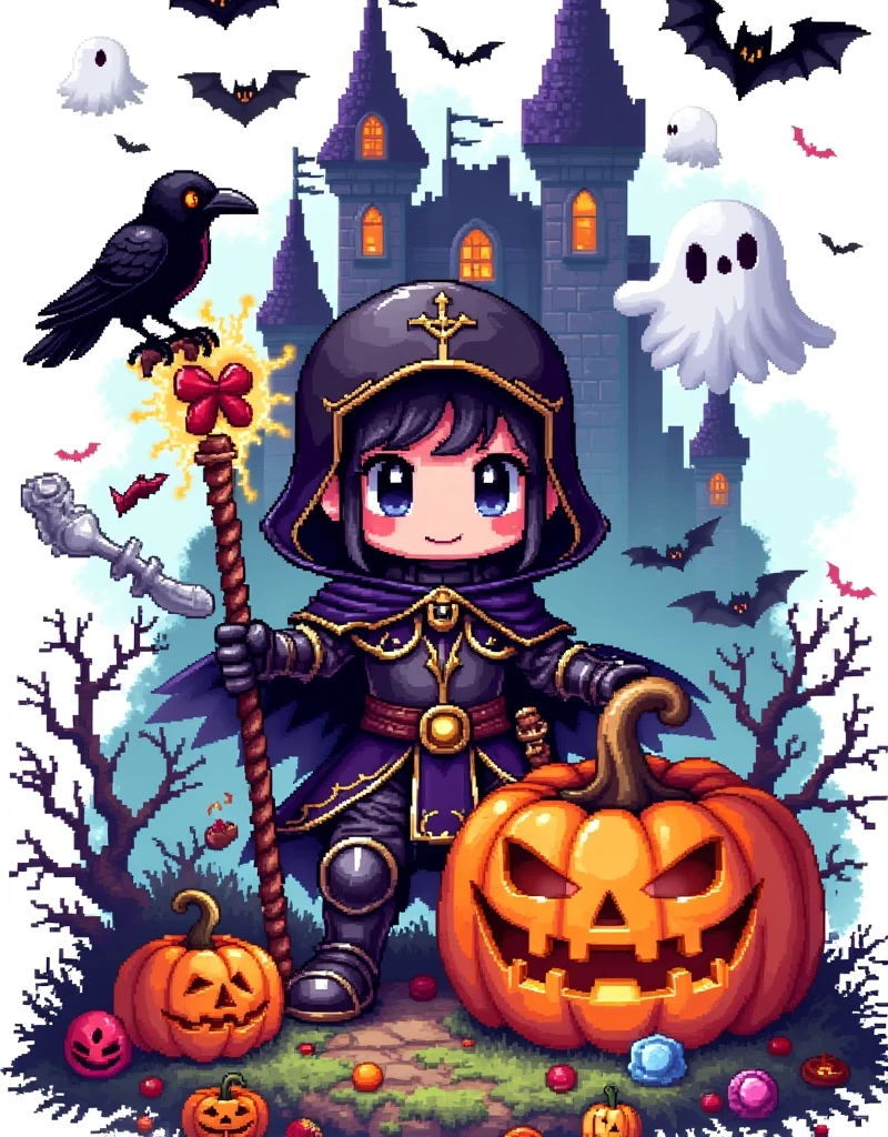 Halloween，Pixel世界， Brave Pumpkin Monster Knight，Armor，helmet，，Halloween饰品， Magical Crystal ，Black Crow ，ghost， Magic Potion ， Mysterious Cave ， Dangerous Monster ，Pure white background，The Q version is cute， Thrilling ，Warm fantasy ， 90s FC Red and White，Dopamineism，Dopamine color matching，Facing the screen，High Saturation， high contrast ， high definition，8k，Extreme details，Pixel