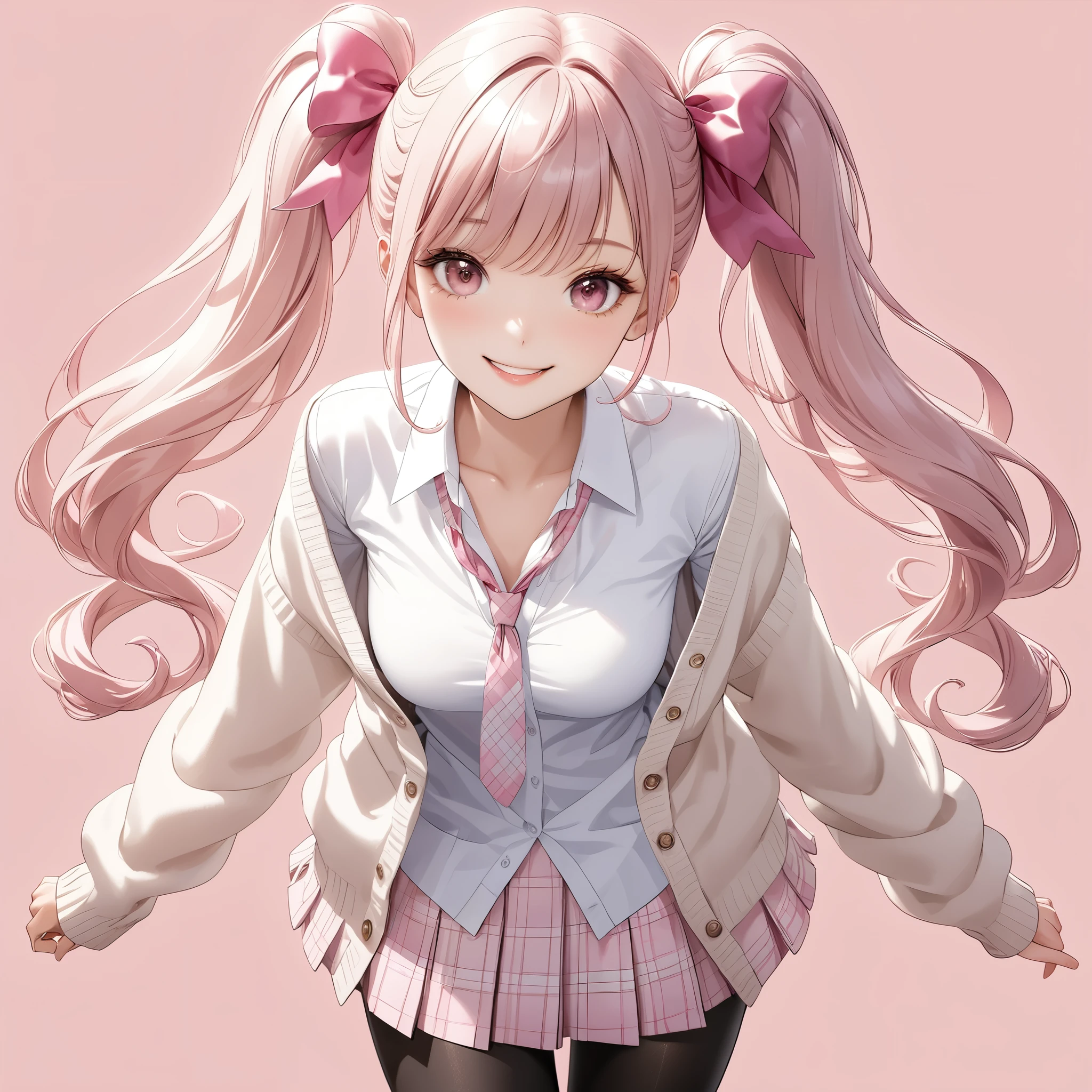 (8K, masutepiece, Best Quality, Official art, beautiful detailed, beautiful lighting, best masterpiece in history that exceeds limits), (1 Girl, Solo), (sixteen years old), (beautiful detailed face), (shiny white skin), (Beautiful big bust, cleavage, thighs:1.3), (beautiful detailed pink twin tails hair, Bangs:1.3), (beautiful detailed drooping pink eyes:1.5), (high school uniform:1.3), (white loose long length cardigan, overly long sleeves, open collar white shirt, pastel pink plaid pattern pleated skirt, patsel pink ribbon tie:1.3), (black_legwear, zettai_ryouiki, thigh_gap:1.2), (happy smile:1.2), (Attractive, sensational, look at viewer:1.3), (simple white plain background:1.5),