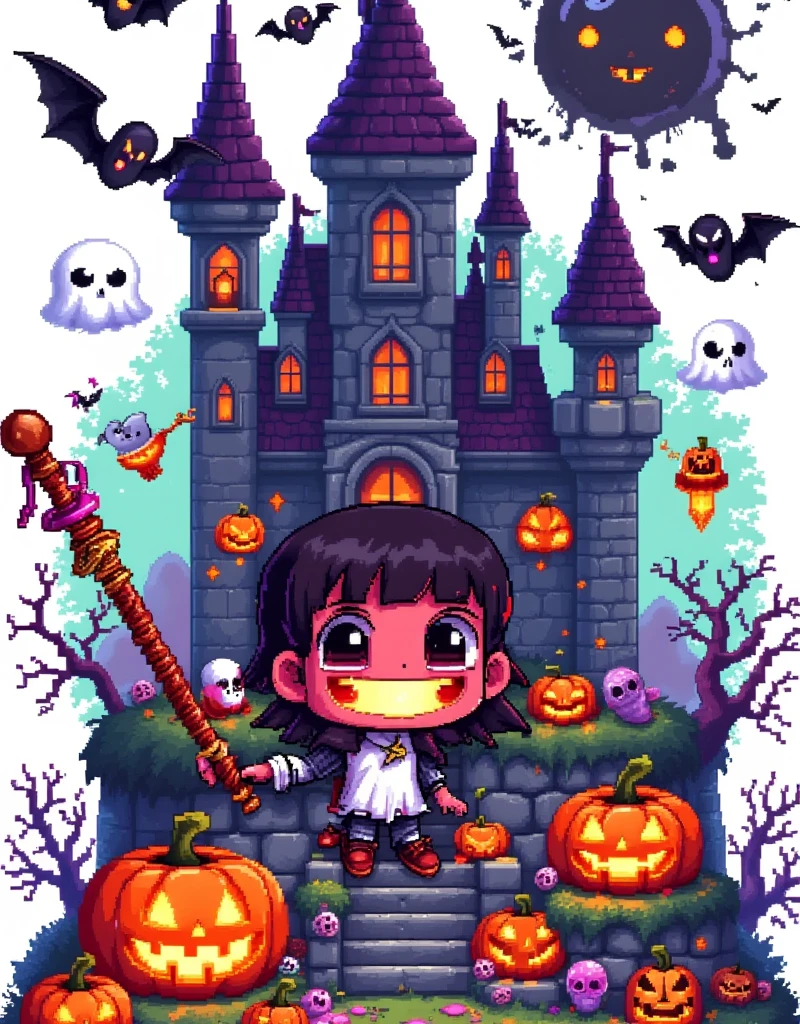 Halloween，Pixel世界， brave pumpkin monster knight，Armor，helmet，，Halloween饰品， Magical Crystal ，Black Crow ，ghost， Magic Potion ， Mysterious Cave ， Dangerous Monster ，Pure white background，The Q version is cute， Thrilling ，Warm fantasy ， 90s FC red and white machine，Dopamineism，Dopamine color matching，Facing the screen，High Saturation， high contrast ， high definition，8k，Extreme details，Pixel, 1wsjxs1 