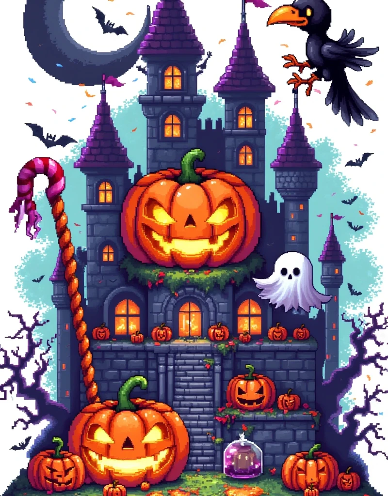 Halloween，Pixel世界， Brave Pumpkin Monster Knight，Armor，helmet，，Halloween饰品， Magical Crystal ，Black Crow ，ghost， Magic Potion ， Mysterious Cave ， Dangerous Monster ，Pure white background，The Q version is cute， Thrilling ，Warm fantasy ， 90s FC Red and White，Dopamineism，Dopamine color matching，Facing the screen，High Saturation， high contrast ， high definition，8k，Extreme details，Pixel