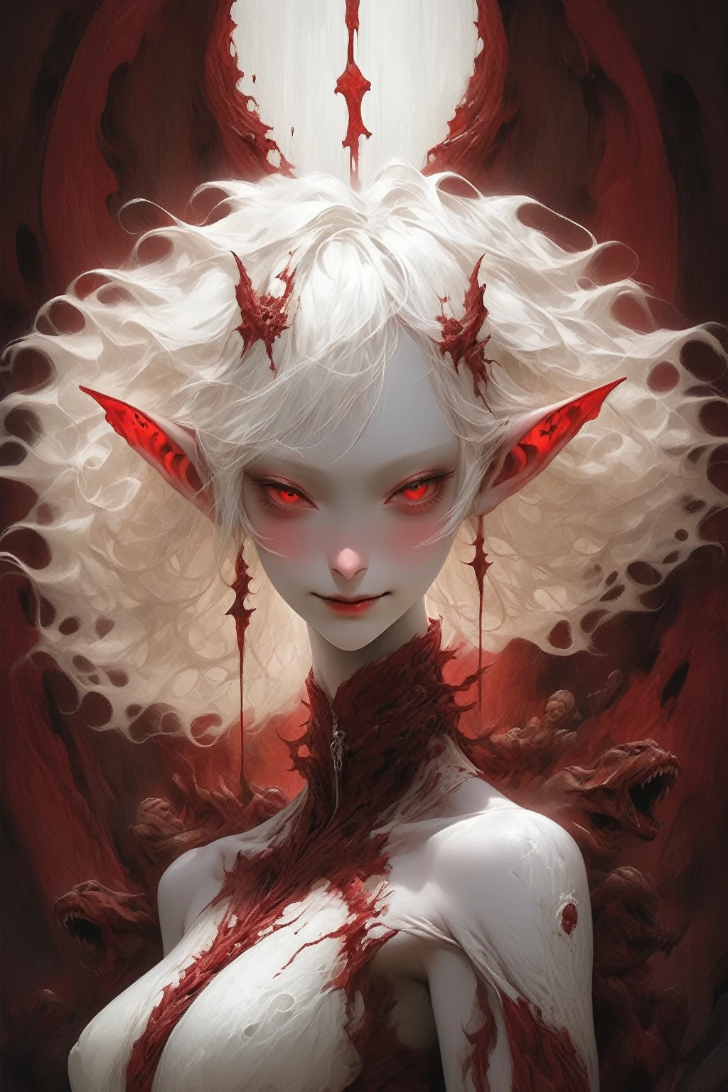  Japanese albino elf girl with short wavy hair, white body,  deep red eyes, a big smile and blood pouring from her neck , big breasts,  small nipples, desnuda, full body approach 