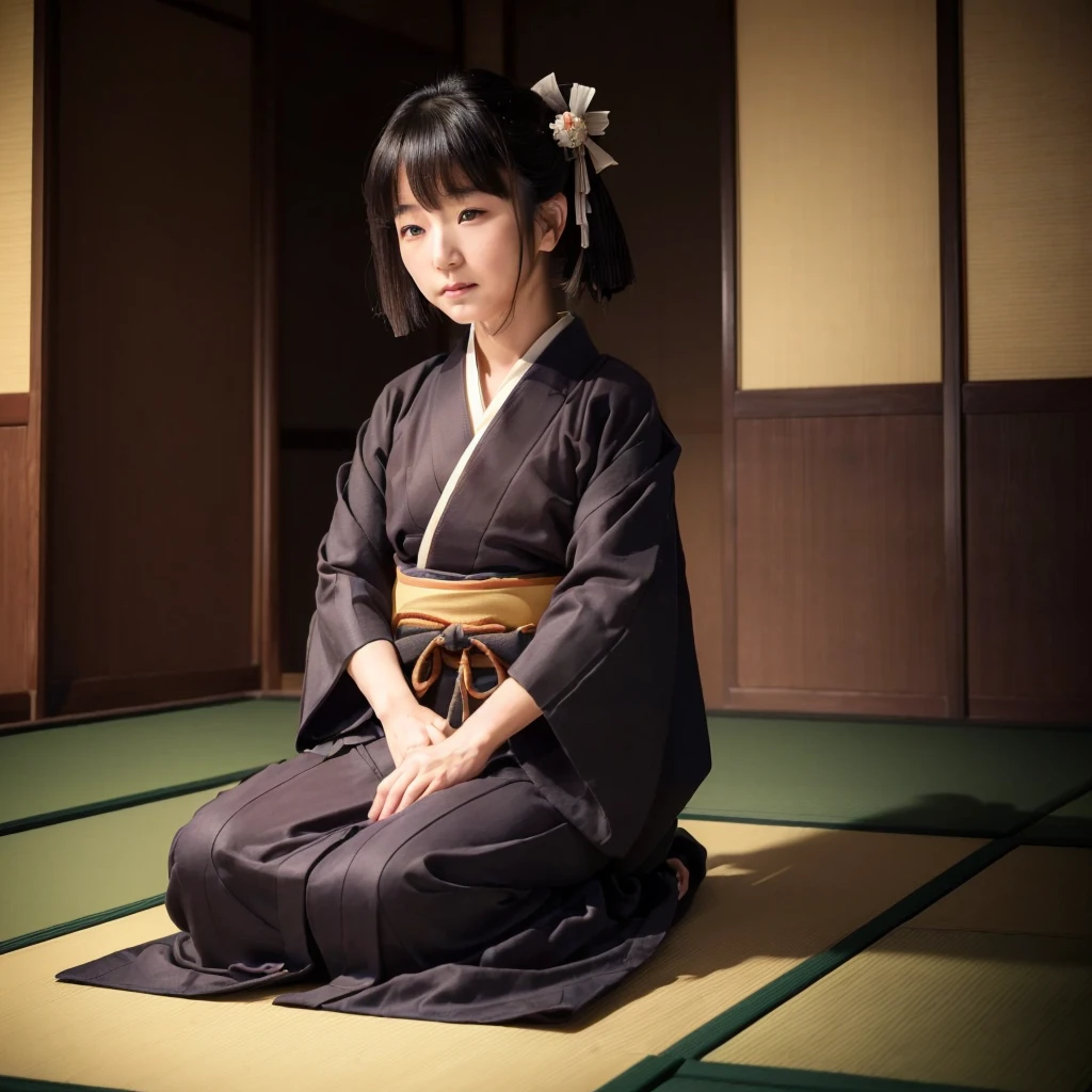 (masterpiece, Best Quality, photoGenuineistic, Genuine, indoor,  Knight ),  1 girl, dark,Front , seiza, Teahouse, Sitting,(((  Zashiki warashi wearing an old plain kimono  )))、((Baby Girl)),(seizaしたFrontを向いた姿の全体像),(３Old woman ）,( an old plain kimono and ）,((全体的にdark古びた日本家屋の座敷で光が無い部屋))、((face、Body facing the Front))、((真faceで))、((Her hair is broken  ))