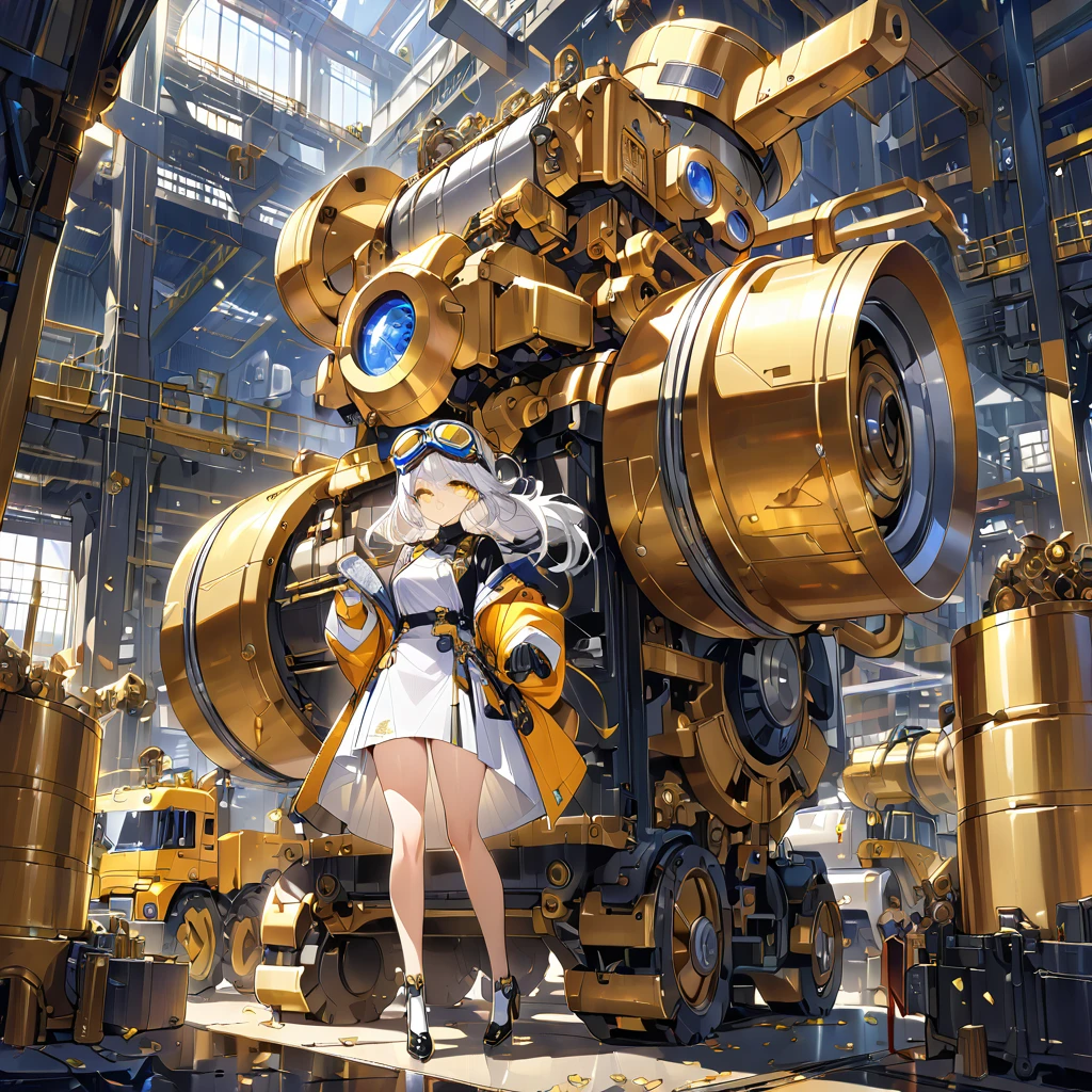 A masterpiece, a detailed factory scene, Girl, white hair, yellow eyes, big goggles on her head, super elaborate, super high class, use of gold leaf, work clothes, huge machines, metallic luster,