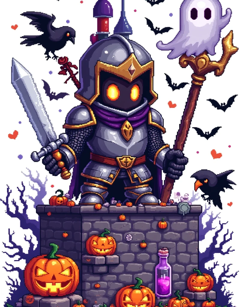 Halloween，Pixel世界，brave knight，Armor，helmet，，Halloween饰品， Magical Crystal ，Black Crow ，ghost， Magic Potion ， Mysterious Cave ， Dangerous Monster ，Pure white background，The Q version is cute， Thrilling ，Warm fantasy ， 90s FC red and white machine，Dopamineism，Dopamine color matching，Facing the screen，High Saturation， high contrast ， high definition，8k，Extreme details，Pixel