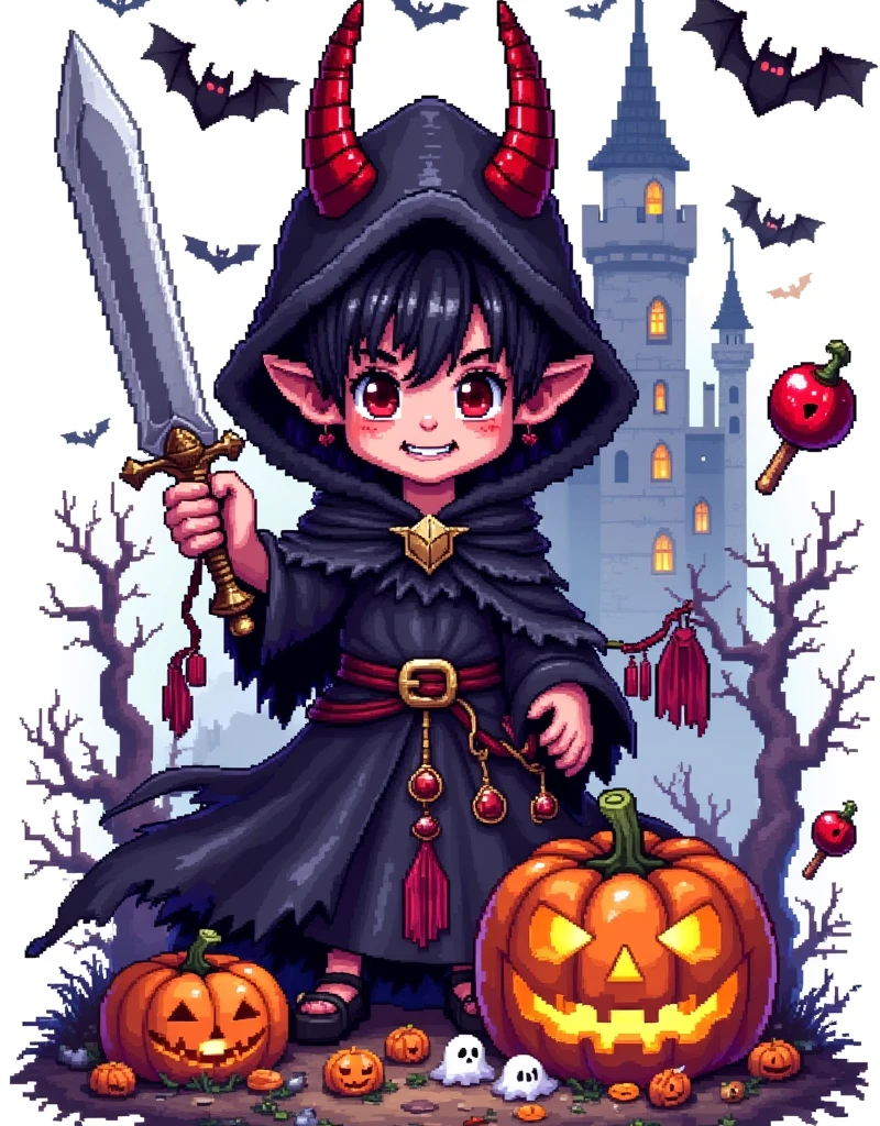 Halloween，Pixel世界，  Prince of Demons，Black robe，Devil's Horn Hat ，dagger，Halloween饰品，Jack-o&#39;-lantern，bat，ghost， Magic Candy ，Ancient Castle ， Mysterious Monster ，Pure white background，The Q version is cute， Nervous and Exciting ，Warm fantasy ， 90s FC red and white machine，Dopamineism，Dopamine color matching，Facing the screen，High Saturation， high contrast ， high definition，8k，Extreme details，Pixel