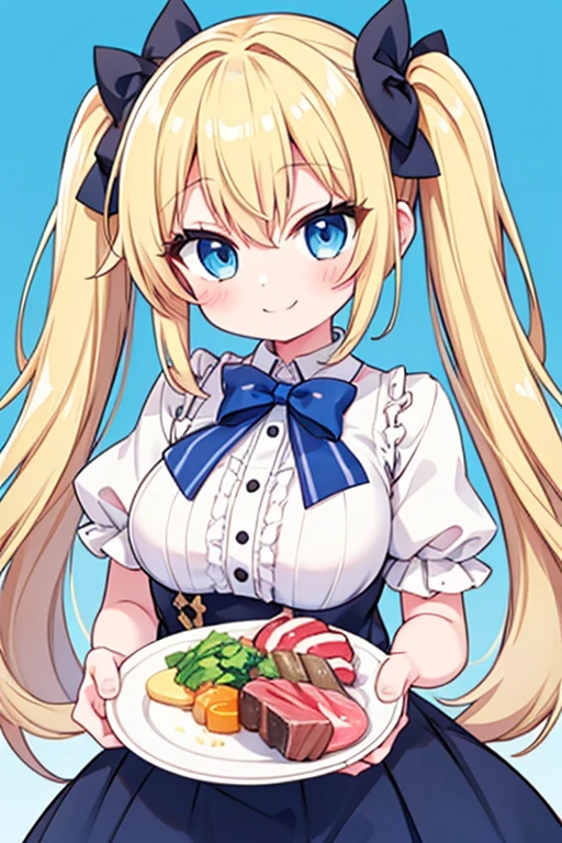 A happy smile,Large serving of tuna,large amount of steak,Highest quality,Blonde with blue eyes、****ta、Small breasts、Twin tails、girl&#39;enjoy,smile,bonnet,Halloween,