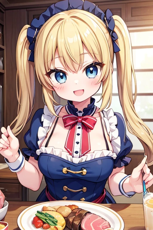 A happy smile,Large serving of tuna,large amount of steak,Highest quality,Blonde with blue eyes、Lolita、Small breasts、Twin tails、girl&#39;enjoy,smile,bonnet,Halloween,