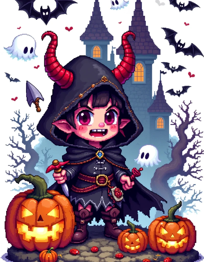 Halloween，Pixel世界， Little Prince of Demons，Black robe，Devil's Horn Hat ，dagger，Halloween饰品，Jack-o&#39;-lantern，bat，ghost， Magic Candy ，Ancient Castle ， Mysterious Monster ，Pure white background，The Q version is cute， Nervous and Exciting ，Warm fantasy ， 90s FC red and white machine，Dopamineism，Dopamine color matching，Facing the screen，High Saturation， high contrast ， high definition，8k，Extreme details，Pixel