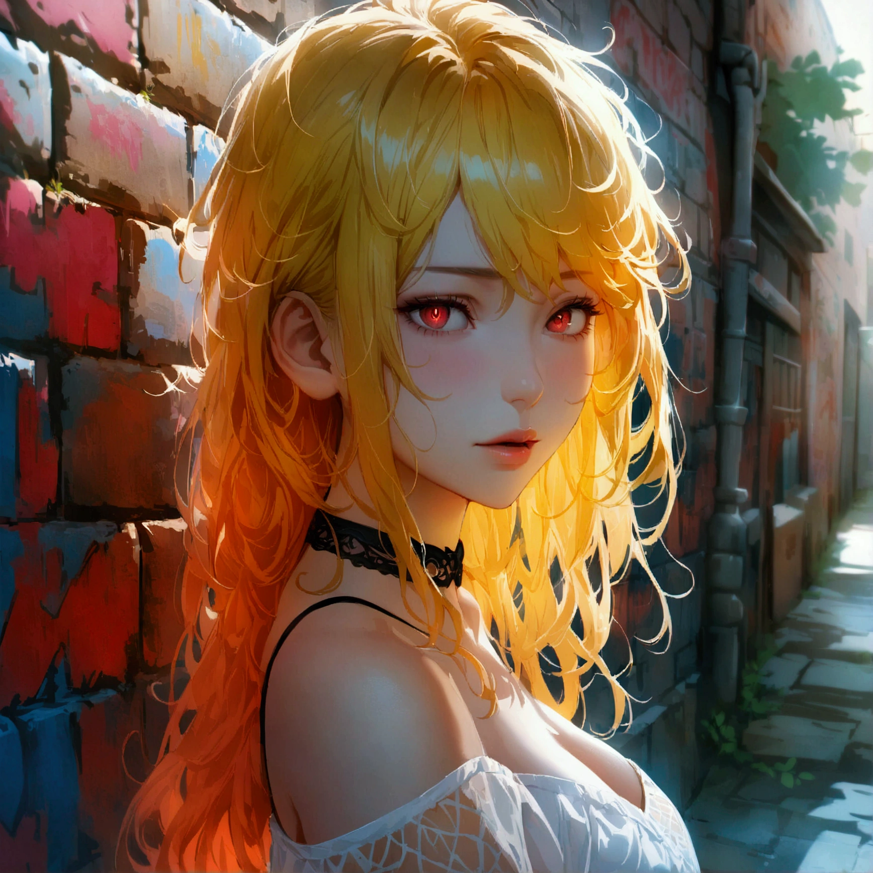  super realistic 8k CG , masterpiece, (( Extremely detailed background , Exquisite pattern,   Intricate Details )),  has the best quality,   Intricate Details s, Chromatic Aberration, 1 Girl, Long hair, Blonde hair,  messy hair ,  Red highlights ,  hair covering one eye ,  sharp eyes , choker, Brick Wall, Graffiti, Dim lighting, alley, Wide shirt,Off-shoulder, See-through white shirt, masterpiece,  has the best quality