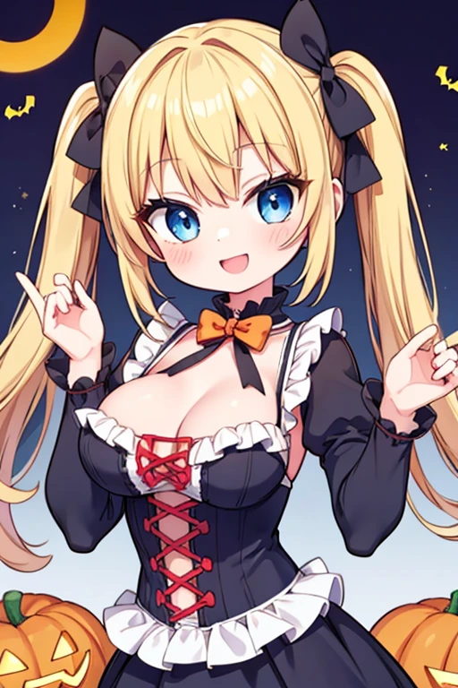 Halloween,A happy smile,Large serving of tuna,large amount of steak,Highest quality,Blonde with blue eyes、****ta、Small breasts、Twin tails、girl&#39;enjoy,smile,bonnet,