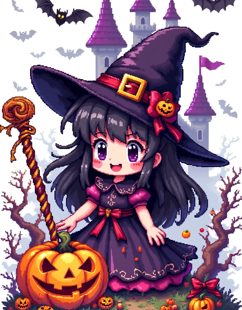 Halloween，Pixel世界，Little Witch ，Jack-o&#39;-lantern，Halloween饰品，bat，ghost，candy，castle， Magic Wand， Mysterious Monster ， 90s FC red and white machine，Pure white background，The Q version is cute，Warm fantasy ，Dopamineism，Dopamine color matching，Facing the screen，High Saturation， high contrast ， high definition，8k，Extreme details，Pixel