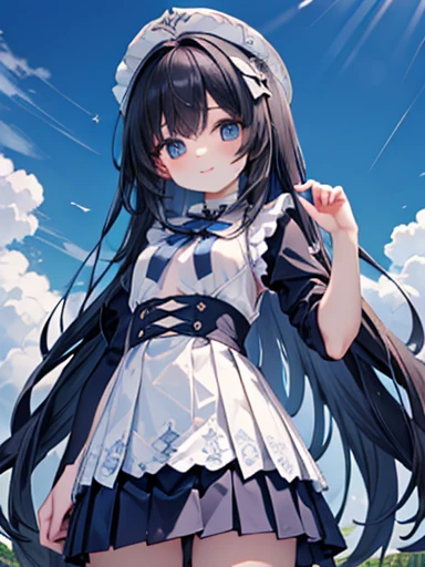 (masterpiece , best quality ,insanely detailed),  1 Cute Pure Girl ,An innocent smile,Seraph,Blue Collar, Navy Pleated Skirt,From below,Blue Sky, White Clouds ,Summer sunlight,  Fine and Beautiful Eyes  , Sparkling Eyes,Glossy lips,   perfect anatomy , Perfect Five Fingers, charming,wonderful, Ultra Fine Era , big chest、 long black hair long hair 、