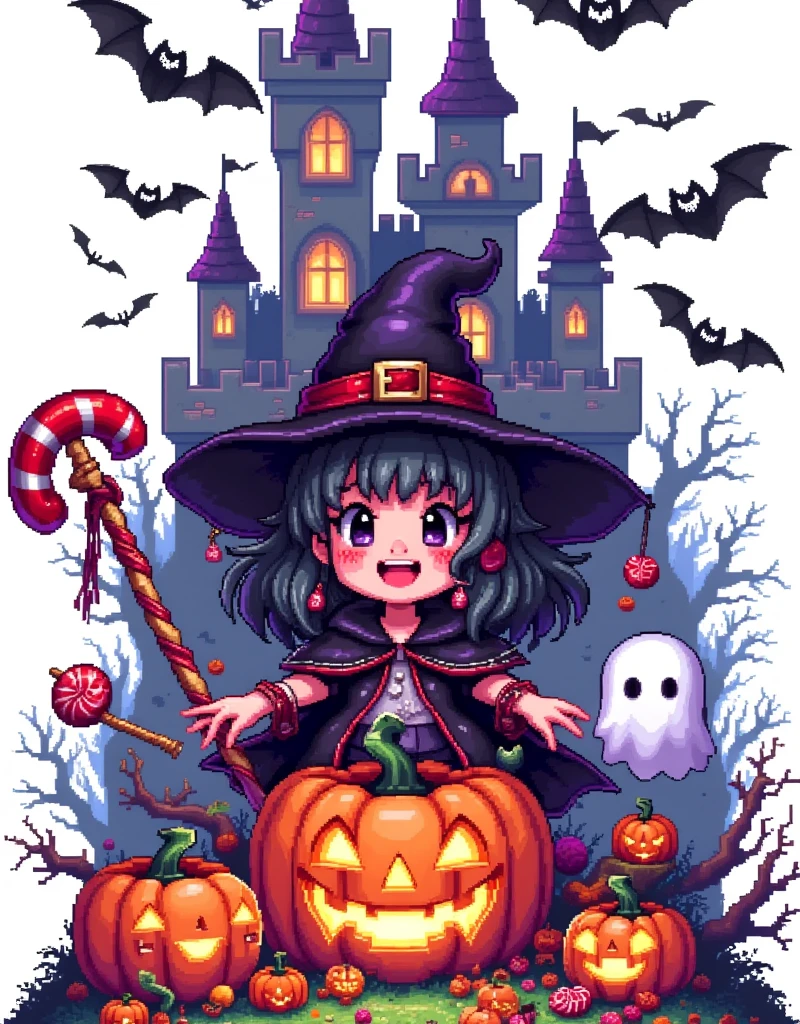 Vision，Wide Angle，Halloween，Pixel世界，Little Witch ，Jack-o&#39;-lantern，Halloween饰品，bat，ghost，candy，castle， Magic Wand， Mysterious Monster ， 90s FC red and white machine，Pure white background，The Q version is cute，Warm fantasy ，Dopamineism， dopamine color scheme ，Facing the screen，High Saturation， high contrast ， high definition，8k，Extreme details，Pixel