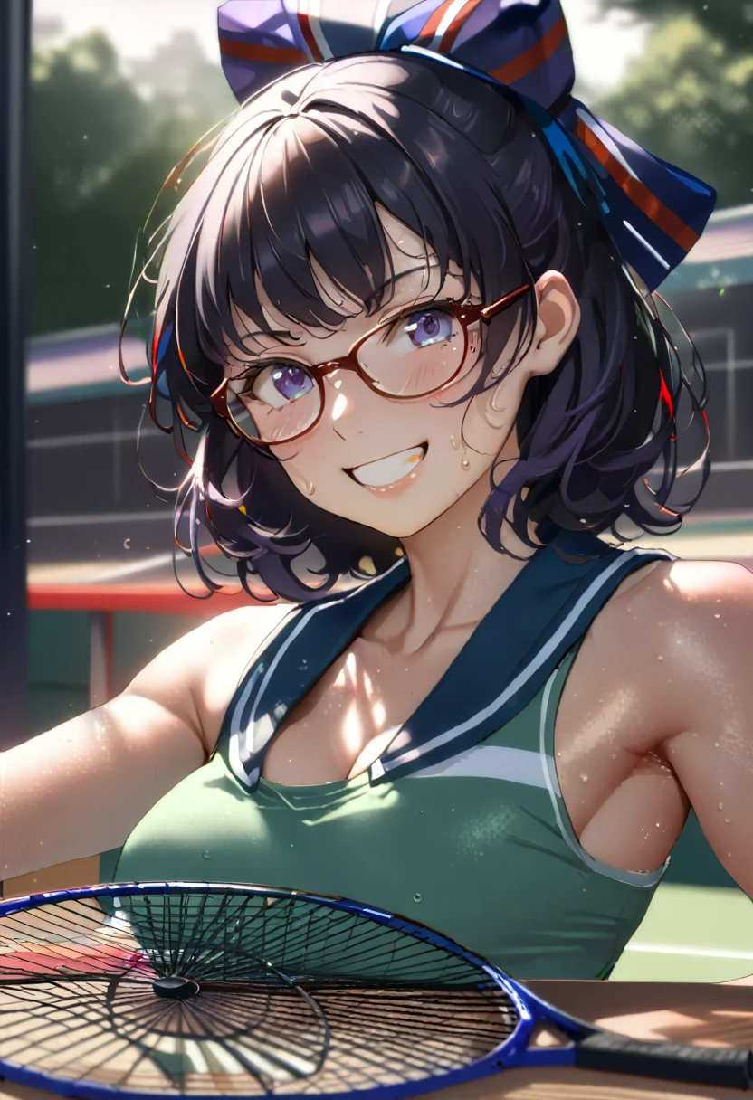  1 girl,18 years old,Perfect hands, Perfect Fingers, perfect anatomy, masterpiece,  best quality ,Realistic, hyperRealistic, 16K HDR,, disease,  short hair, Black Hair ,  blue eyes , Glasses, (Sexy Tennis Equipment,:1.2), outdoor ,School, in the center standing,(sweat:1.2),(Happy smile),Large Breasts, upper body,(from side:1.2), watching viewers,(Leaning forward:1.3),necklace((8k)), ((32K)), ((Best Quality)), ((masterpiece)), ((超 Kampala)), ((masterpiece)), ((( upper body写真:1.6)))、((8k)), ((32K)), ((Best Quality)), ((masterpiece)), ((超 Kampala)), Fine skin、女性1 person、((mai shiranui:1.2)), Shoulder、 headband , 1 person、Attractive smile Age 25,  Japanese Mature, beautiful指, beautiful長い脚, beautiful体, beautiful鼻, beautifulキャラクターデザイン,  perfect eyes,  perfect face,  JEWELRY,  hair accessories,  King of Fighters ,((Large Handheld Fan:1.6))、 ( table top to cover upper arms, Best Qualityの, Best Quality, beautifully、beautiful: 1.2),  very detailed , Learn more,Proper body proportions, table top to cover upper arms,Ultra-high quality output images, Kampala, complicated details,Very delicate and beautiful hair,Realistic photos,Dreamy,Professional Lighting, realistic shadows, Just Concentrate , (
