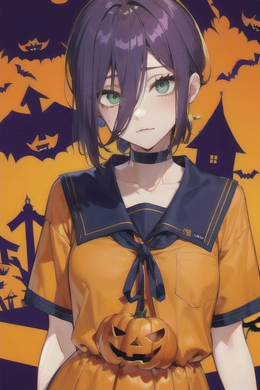 ( best quality )、( best quality )、cut、 Chainsaw Man、cute、(  choker).Emerald eyes、Her hair is purple  、 short bob、beautiful　whole body、  Details、強力な  Details、cut、(( Halloween )).((  Navy Blue and Orange Clothes)).((Cute clothes)).((High school uniform)).