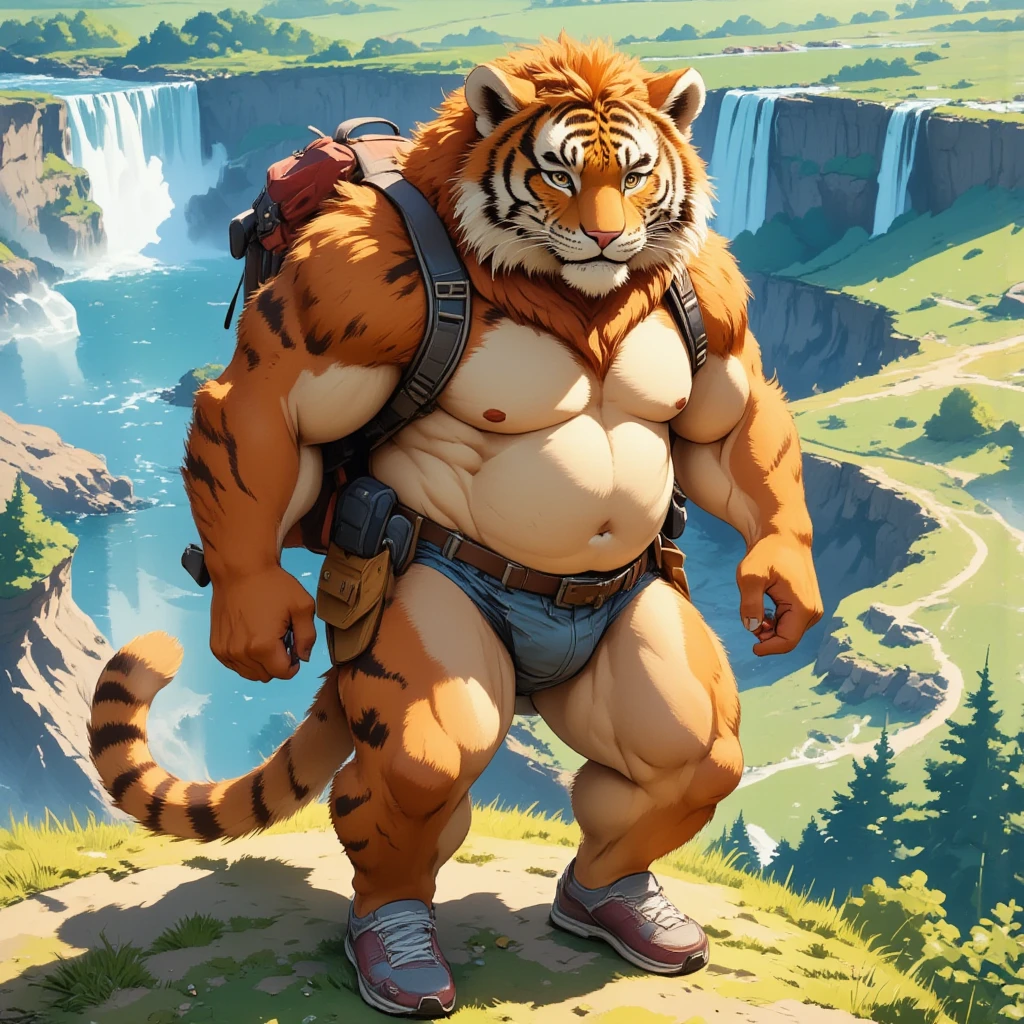 character focus, full body, looking away, from above, dynamic angle, american country, backpacker, muscular middle-aged tiger man, BREAK happy, little smile, clothed, jacket, backpack, baseball cap, half pants, sneaker, standing, hiking, dynamic pose, complete anatomy, perfect proportions, beautiful thigh gap, fluffy body, intricate fur details, beautiful fur texture, BREAK (a detailed tiger 1tail), detailed sneaker, beautiful foot, BREAK detailed hands, 5fingers, 5fingers nails, BREAK aesthetic anime face, insanity detailed face, male face, big face, square jawline, aesthetic anime eyes, detailed brown eyes, detailed brown cornea, detailed dark brown irises, detailed pupils, male eyes, big eyes, male eyebrows, innocent look, beautiful beard, BREAK full body in Michelangelo Buonarroti style, housamo style, watercolor-style, detailed painting landscape, afternoon, hillside, niagara falls, outdoor, full color, HDR, BREAK masterpiece, official art, best quality, very aesthetic, absurdres, super fine illustration, great quality, BREAK noise reduction, very highres, large filesize, high quality, 32K, 8k wallpaper, dynamic lighting, BREAK insanity detailed, ultra detailed, intricate details, extremely detailed, detailed texture, an extremely delicate and beautiful, full color, HDR, BREAK e621 illustration, osukemo, kemohomo, anthropomorphic, furry, cartoon, harmonious body, pastoral face, virtuous eyes, country atmosphere