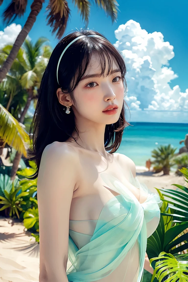 (next to an oasis in the desert), lush green palm trees. The oasis water is crystal clear, and the blue sky with white clouds gives a tropical paradise vibe. head tilt, halterneck, earrings, black eyes, lips, bow headband, lips, ribbon, realistic, parted lips, lips, ribbon, realistic, blurry background,((topless)),((nude)),((cowboy shot)),((medium breasts)), ((medium breasts)),