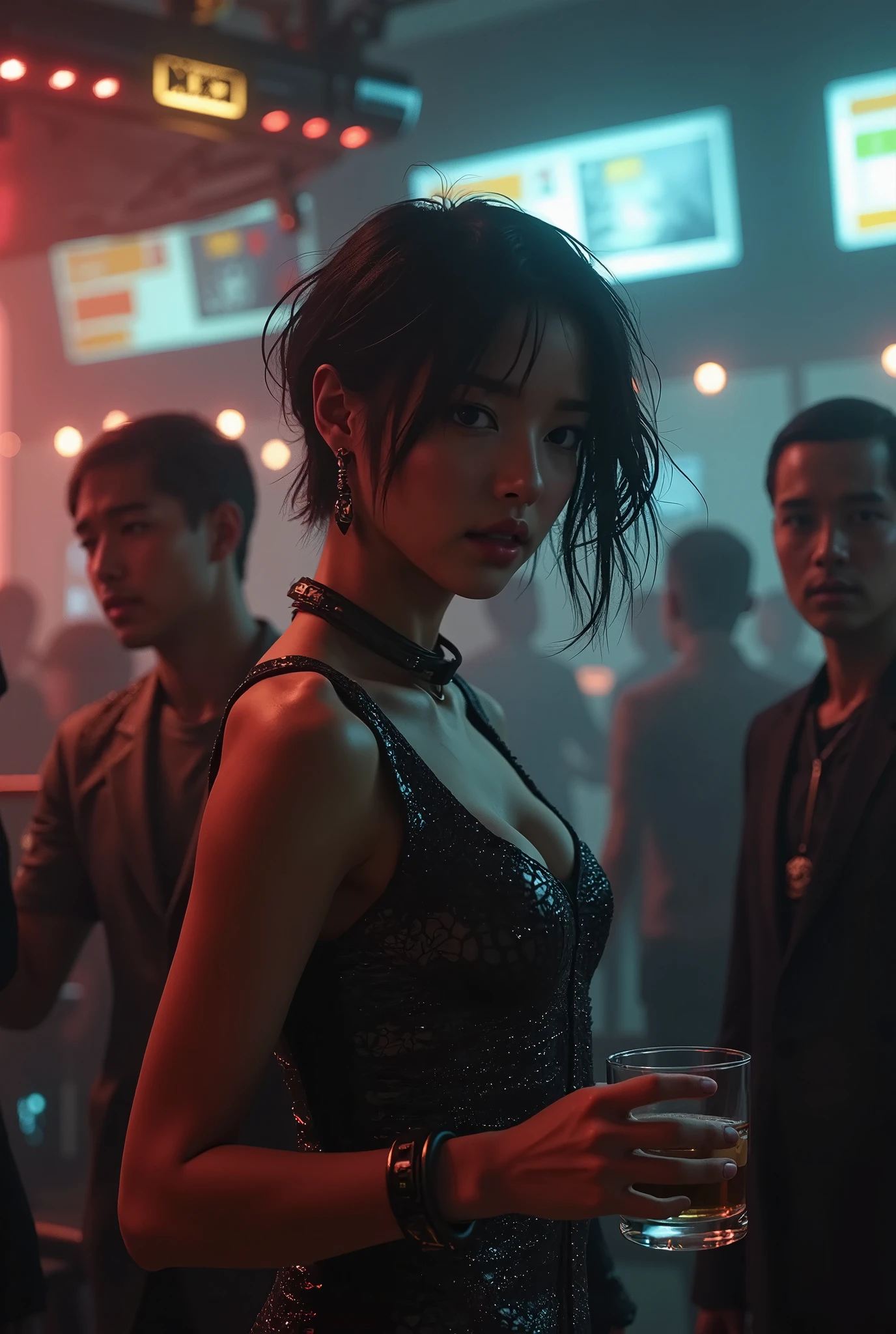 Short Haired Female  in a sci-fi Saloon, cyberpunk ,drunken ,Wisky in her hand, sexy, walking among men , luminated Piano nearby , sexy ,Detailed, Realistic , sci-fi movie scene