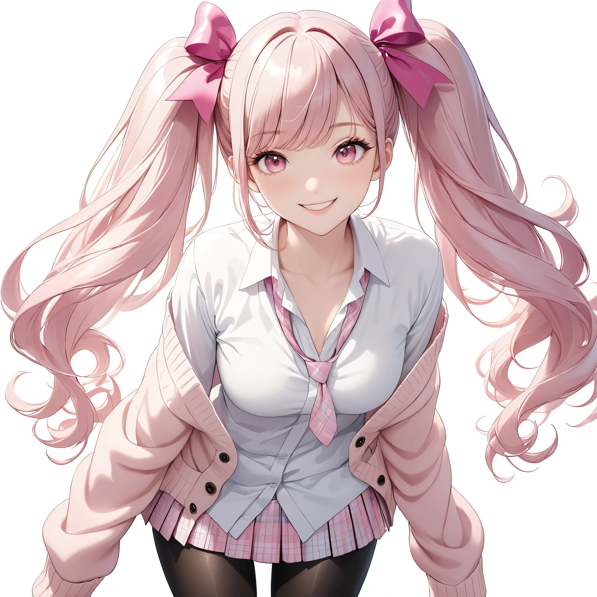 (8K, masutepiece, Best Quality, Official art, beautiful detailed, beautiful lighting, best masterpiece in history that exceeds limits), (1 Girl, Solo), (sixteen years old), (beautiful detailed face), (shiny white skin), (Beautiful big bust, cleavage, thighs:1.3), (beautiful detailed pink twin tails hair, Bangs:1.3), (beautiful detailed drooping pink eyes:1.5), (high school uniform:1.3), (white loose long length cardigan, overly long sleeves, open collar white shirt, pastel pink plaid pattern pleated skirt, patsel pink ribbon tie:1.3), (black_legwear, zettai_ryouiki, thigh_gap:1.2), (happy smile:1.2), (Attractive, sensational, look at viewer:1.3), (simple white plain background:1.5),