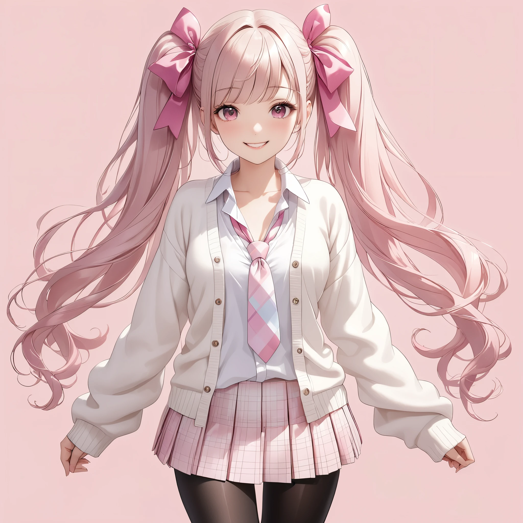 (8K, masutepiece, Best Quality, Official art, beautiful detailed, beautiful lighting, best masterpiece in history that exceeds limits), (1 Girl, Solo), (sixteen years old), (beautiful detailed face), (shiny white skin), (Beautiful big bust, cleavage, thighs:1.3), (beautiful detailed pink twin tails hair, Bangs:1.3), (beautiful detailed drooping pink eyes:1.5), (high school uniform:1.3), (white loose long length cardigan, overly long sleeves, open collar white shirt, pastel pink plaid pattern pleated skirt, patsel pink ribbon tie:1.3), (black_legwear, zettai_ryouiki, thigh_gap:1.2), (happy smile:1.2), (Attractive, sensational, look at viewer:1.3), (simple white plain background:1.5),