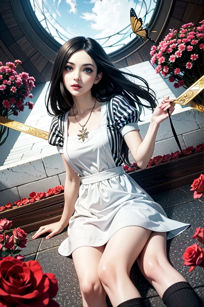 (masterpiece,  Best quality )
, 1 girl, One,  black hair , flower, dress, rose, Blood,  Long hair,  jewelry , apron белый, necklace,  green eyes , moon, red flower, red rose , 1 girl, One,  black hair , flower,  hair ornament , hair flower, pale skin, draw,  Long hair,  green eyes , dress, pomade, necklace,  jewelry , rose,  I look at the viewer, red lips ,masterpiece,  Best quality ,   cinematic lighting , American McGee's Alice. Alice: Madness Returns , 1 girl,  black hair , butterfly, striped,  Long hair, One, tights, striped tights, dress, Blood, apron, draw,masterpiece,  Best quality ,   cinematic lighting ,  black hair , beautiful slender legs, beautiful slim body ,sexy legs, Sexy Figure ,medium breasts,sexy boobs,разнообdifferent angles,разнооб different poses, different poses,different angles,красивая сексуальная alice madness returns,sit,stand,sexy looking at the camera,lie,skinny legs,thin body,thin figure.