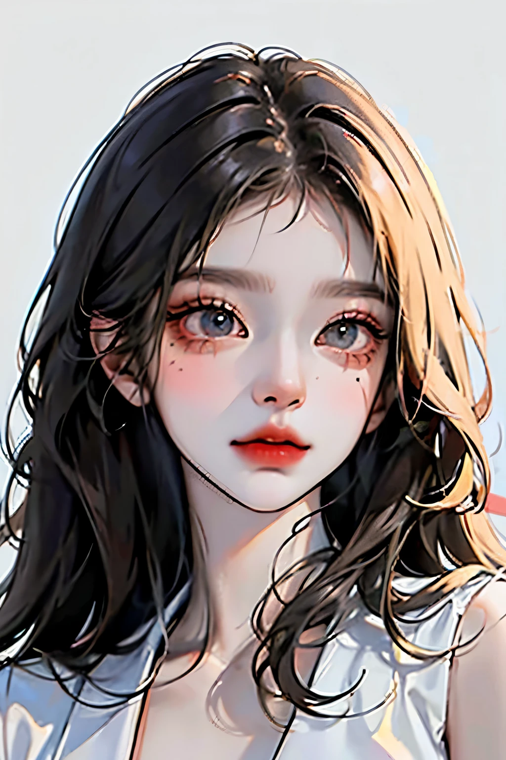 one girl,very pretty face,Korean people,makeup, white skin ,Long hair,Straight hair,bangs,very delicate, high resolution, big eyes that tear,Red lips,black hair,White background,Soft drawing style