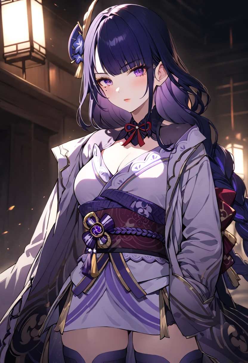 a woman wearing a french coat, shirt and tie, short skirt, black stockings, and boots, hands in pockets, beautiful detailed eyes, beautiful detailed lips, extremely detailed eyes and face, long eyelashes, 8k, high quality, cinematic lighting, elegant, fashionable, moody atmosphere, dramatic lighting, elegant pose, raiden shogun, braid, braided ponytail, hair flower, hair ornament, long hair, mole, mole under eye, purple eyes, purple flower, purple hair, single braid, sidelocks, mature female, whole body,
