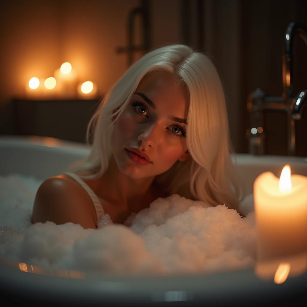 A girl with long white hair lying inside a candlelit bathtub,the bathtub with lots of foam and she is very sexy
