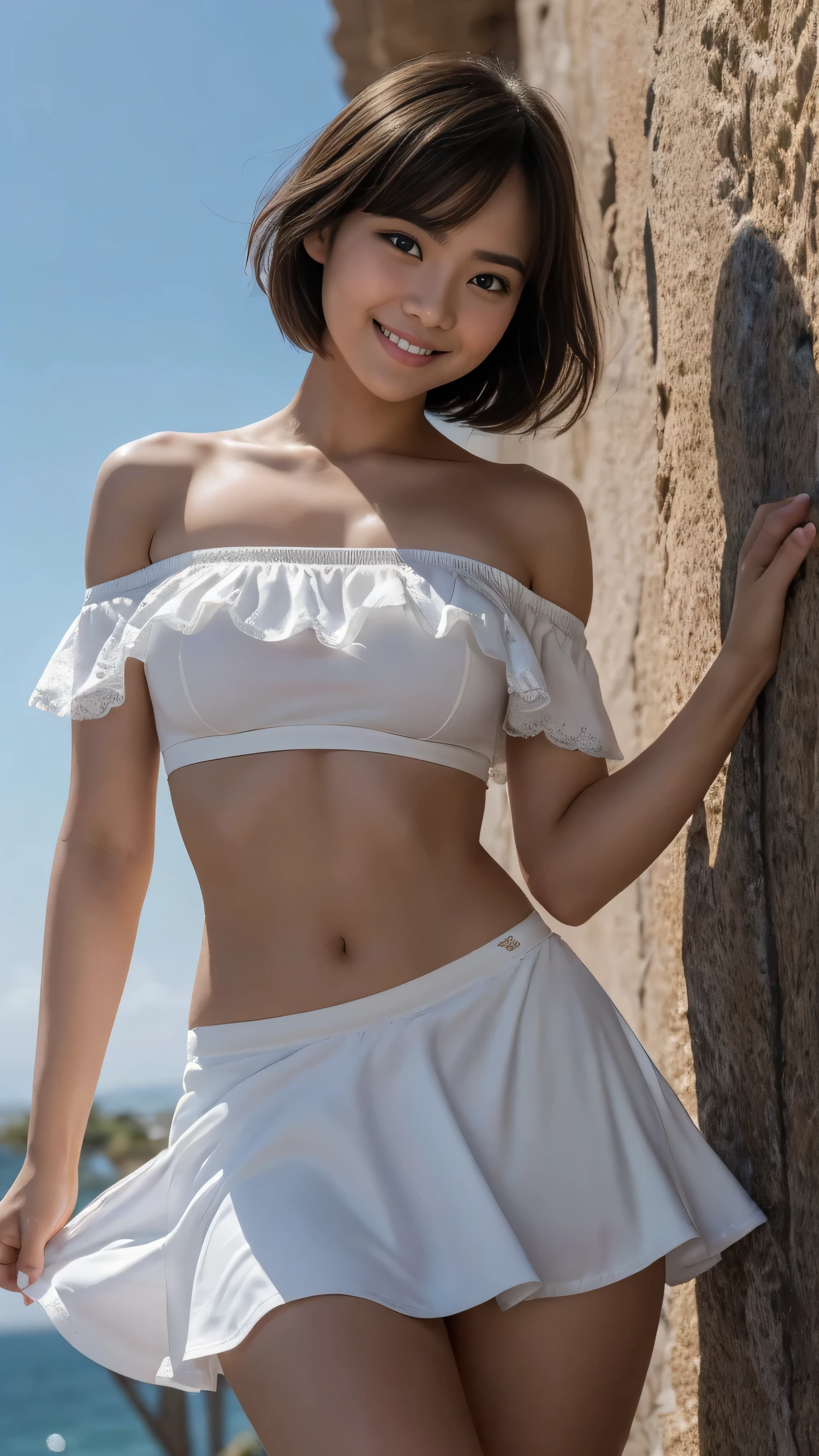 1girl , Speed climbing vertical rock faces for a quick ascent, water-tight barrel , 30 years old、Look at the viewer、smile、 ta、random colors seductive outfit、Just sexy, biggest breast, cleavage, full body pose, ,masterpiece,best quality,(Japanese girl),((Beautiful girl)),cleavage,(off shoulder:1.2),(perfect body beauty:1.2),(shy smile),Japanese female, 22 years old, solo, (viewer discretion advised: 1.3), ((masterpiece)), ((highest quality)), (highly detailed), ((cute)), cute, (nice), ((highly detailed)), 4K, (8k), highest quality, (beautiful), hyper cute face, shape, hyper realistic, real, (((From below))), ((full body image)), (1 girl, cute girl: 1.5), ((white panties)), sneakers, beautiful light brown hair, beautiful brown eyes, ((beautiful eyes)), (windy, hair swaying, skirt lifted to reveal underwear: 1.3), short hair, (((big breasts))), ((device tick type)), (wearing {{x}} (showing panties to camera)),