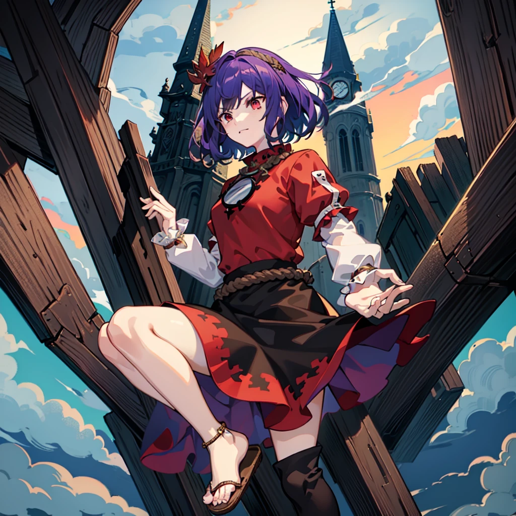 people the devil sealer manga, Anime, devil, Angel Art, Anime,  fantasy character,  My Hero Academia , people, people, 1peopleの女の子, Yasaka Kanako , Alone, rope, Sandals, Red eyes, onbashira, Red Sky, mirror, Purple Hair, shimenawa,  Layered Sleeves, Leaf hair ornament, moon,  short hair,  red shirt, Toes,  Long Sleeve ,  watching viewers, skirt