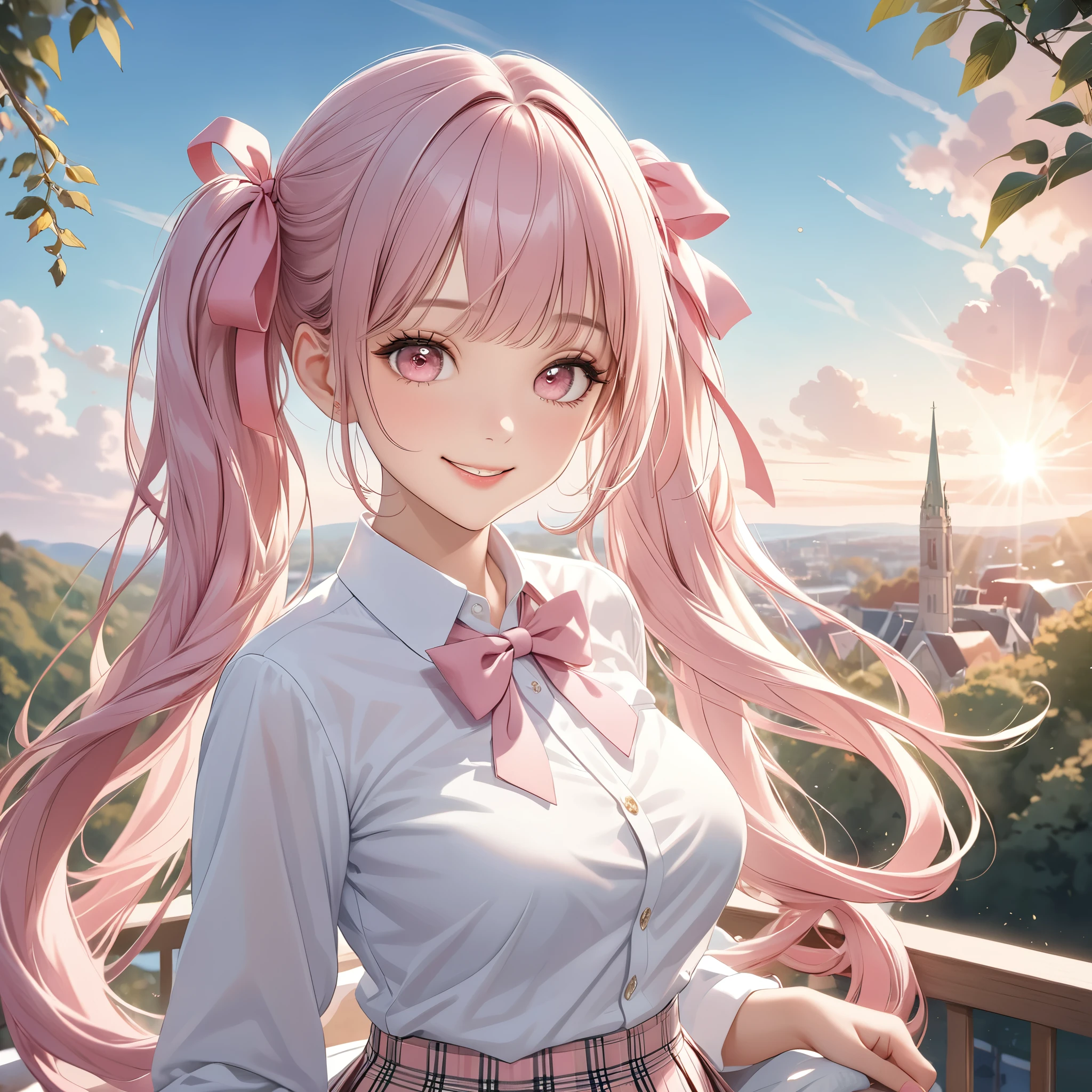 (8K, masutepiece, Highest Quality, Best Quality, Official art, Breathtaking beauty and aesthetics, A highly detailed, The best masterpiece in history that exceeds limits, Breathtaking and beautiful lighting:1.2), (1 Absolute Beautiful Girl, Solo), (sixteen years old), (beautiful detailed face), (shiny white skin), (beautiful detailed pink twin tails hair, Bangs:1.3), (beautiful detailed adolable drooing pink eyes:1.3), (high school uniform), (white shirt, pastel pink Tartan Plaid pleated skirt, patsel pink ribbon:1.3), (Beautiful big bust:1.3), (happy smile, Beautiful smile, Gentle smile, cute smile, innocent smile:1.2), (Attractive, amazing, Beautiful, Elegant, Luxurious, magnifica, Happy, Eye-catching, the ultimate beauty, Supreme Beauty, Superlative beauty, Elegant, Graceful, Everyone loves it, Beauty that fascinates everyone, Healed, The highest level of complete beauty, cute like an idol, Stylish like a fashion model, Goddess-like grace, Be loved, cute little, adolable), Look at the camera, cute pose, breathtaking scenery, (ultra detailed realistic Beautiful high school study, blue sky, morning:1.3),