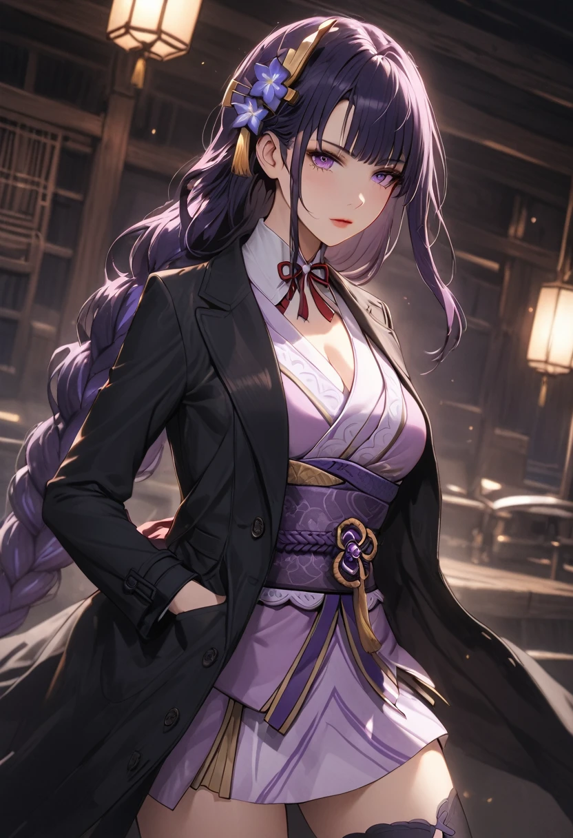 a woman wearing a french coat, shirt and tie, short skirt, black stockings, and boots, hands in pockets, beautiful detailed eyes, beautiful detailed lips, extremely detailed eyes and face, long eyelashes, 8k, high quality, cinematic lighting, elegant, fashionable, moody atmosphere, dramatic lighting, elegant pose, raiden shogun, braid, braided ponytail, hair flower, hair ornament, long hair, mole, mole under eye, purple eyes, purple flower, purple hair, single braid, sidelocks, mature female, whole body,
