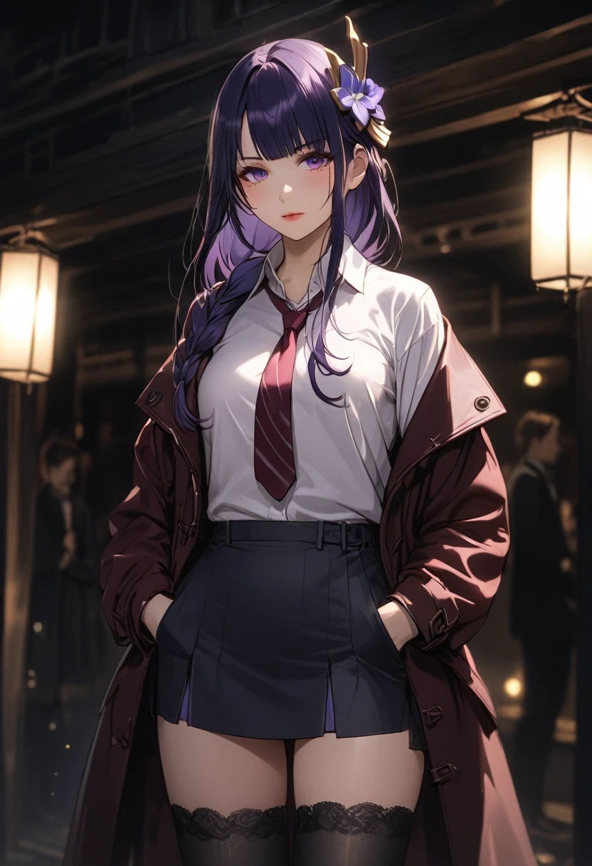 a woman wearing a french coat, shirt and tie, short skirt, black stockings, and boots, hands in pockets, beautiful detailed eyes, beautiful detailed lips, extremely detailed eyes and face, long eyelashes, 8k, high quality, cinematic lighting, elegant, fashionable, moody atmosphere, dramatic lighting, elegant pose, raiden shogun, braid, braided ponytail, hair flower, hair ornament, long hair, mole, mole under eye, purple eyes, purple flower, purple hair, single braid, sidelocks, mature female, whole body,
