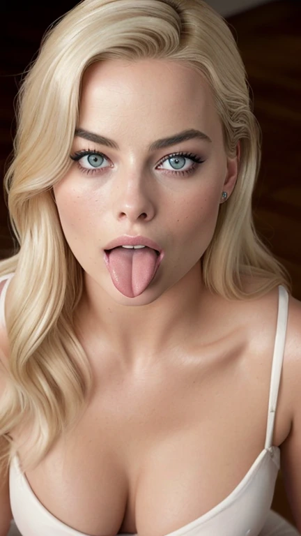 Hot margot robbie, sexy, sexy, ((Masterpiece, best quality)), detailed skin, highly detailed, cinematic lighting, ultra realistic, blush, looking at viewer, with blonde hair. Her hair is elegantly styled, falling softly to chin length, portrait, , big breasts, kneeling, open mouth, view from above, looking at me, tongue out 