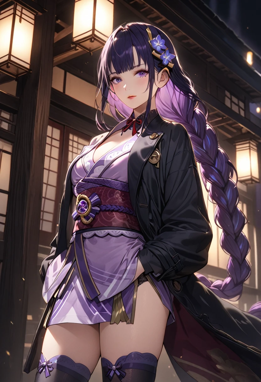 a woman wearing a french coat, shirt and tie, short skirt, black stockings, and boots, hands in pockets, beautiful detailed eyes, beautiful detailed lips, extremely detailed eyes and face, long eyelashes, 8k, high quality, cinematic lighting, elegant, fashionable, moody atmosphere, dramatic lighting, elegant pose, raiden shogun, braid, braided ponytail, hair flower, hair ornament, long hair, mole, mole under eye, purple eyes, purple flower, purple hair, single braid, sidelocks, mature female, whole body,
