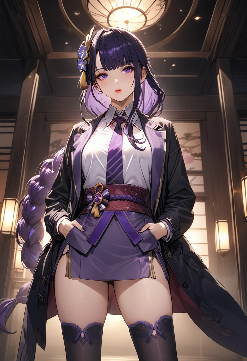 a woman wearing a french coat, shirt and tie, short skirt, black stockings, and boots, hands in pockets, beautiful detailed eyes, beautiful detailed lips, extremely detailed eyes and face, long eyelashes, 8k, high quality, cinematic lighting, elegant, fashionable, moody atmosphere, dramatic lighting, elegant pose, raiden shogun, braid, braided ponytail, hair flower, hair ornament, long hair, mole, mole under eye, purple eyes, purple flower, purple hair, single braid, sidelocks, mature female, whole body,
