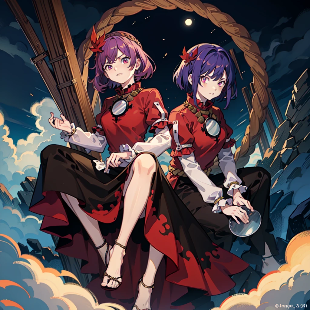 people the devil sealer manga, Anime, devil, Angel Art, Anime,  fantasy character,  My Hero Academia , people, people, 1peopleの***, Yasaka Kanako , Alone, rope, Sandals, Red eyes, onbashira, Red Sky, mirror, Purple Hair, shimenawa,  Layered Sleeves, Leaf hair ornament, moon,  short hair,  red shirt, Toes,  Long Sleeve ,  watching viewers, skirt