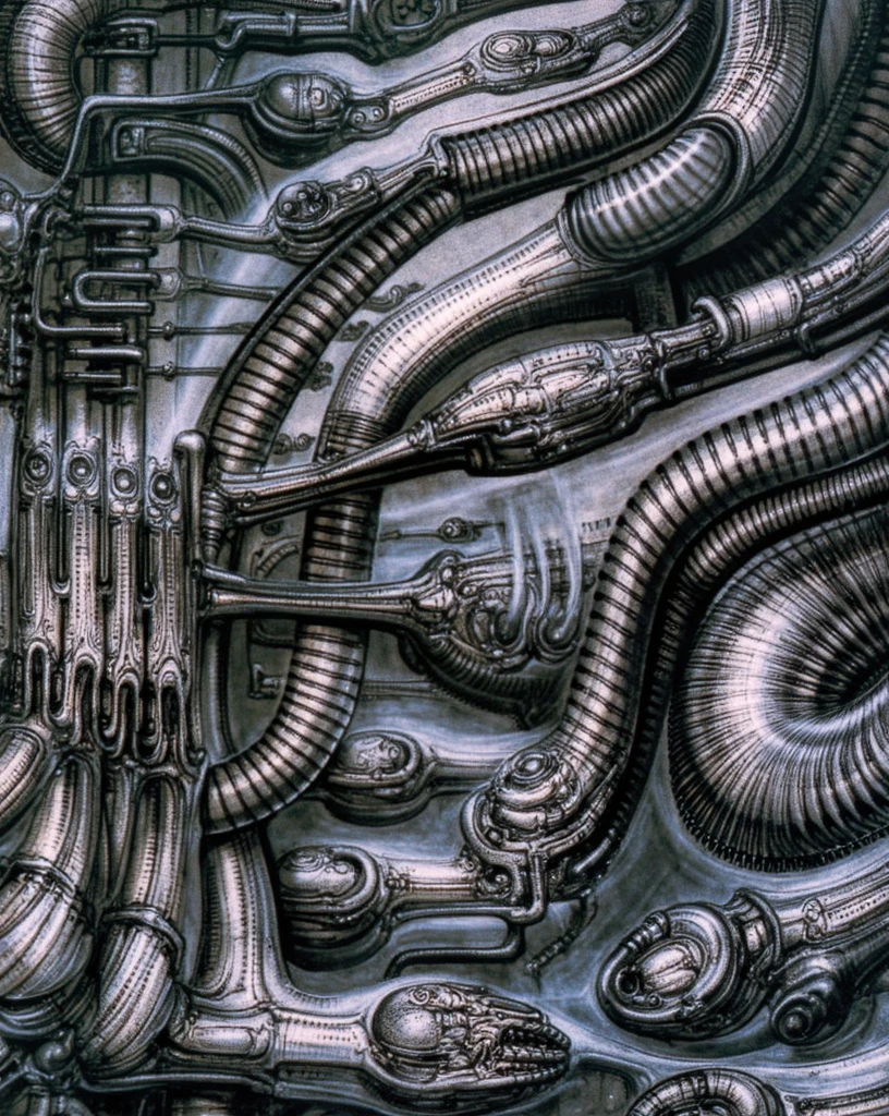 HRGGR, The image is a detailed view of H.R. Giger's biomechanical tableau \" LANDSCAPE No 312 \" plate, featuring a complex, intricate, and detailed design of endless Machine in the transit space over the cascade of fallen water, that appears to be a fusion of organic and mechanical elements, with a focus on the interplay between the two.The piece is a tableau, most likely created with a India ink pen or pencil on paper, determined by the thin lines, shading techniques, and the texture of the paper, which is visible around the edges. Used is pen, given the shading and variations in line weight visible in the image. Artist have used a variety of stylus with different degrees of hardness to achieve the shading effects. The use of undersaturated green-grays dark contrasts creates a stark and graphic look. Is used a variety of linework techniques to create different textures. Fine, parallel lines create a smooth, metallic texture,while thicker, more cursive lines suggest cables or wires. Light source from the top highlights skeletals, pper part of foreground, lower part of image is in shadowupper part of foreground, lower part of image is in shadow. The art performance showcases the artist’s skills in observation and rendering. The level of detail in the piece suggests a close study of real bone specimens and mechanics. The artist has skillfully used shading techniques to create a convincing illusion of three-dimensionality on a flat surface. The wrinkles and cracks in the surface, and the cast shadows with accuracy, used shading techniques to create a realistic depiction of light and shadow on the objects. This creates a sense of depth and dimension in the image. The artist has used careful linework to depict the contours and textures in the piece Sharp focus on foreground elements illustration. Deep and delicate DOF. Big painting. Stored in Louvre masterpiece, ooze soaked pajama top