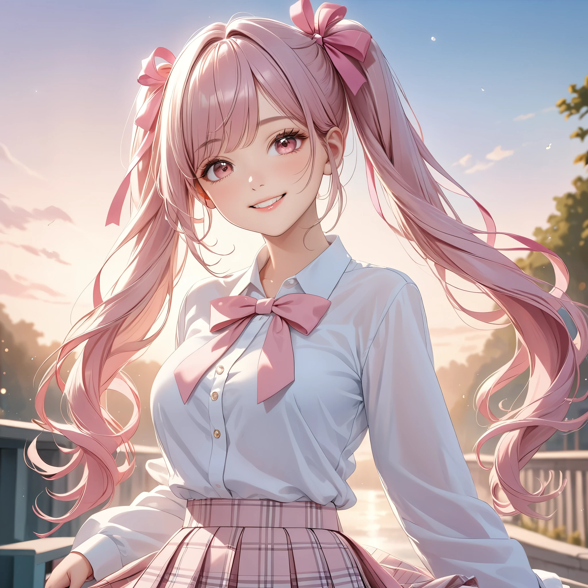 (8K, masutepiece, Highest Quality, Best Quality, Official art, Breathtaking beauty and aesthetics, A highly detailed, The best masterpiece in history that exceeds limits, Breathtaking and beautiful lighting:1.2), (1 Absolute Beautiful Girl, Solo), (sixteen years old), (beautiful detailed face), (shiny white skin), (beautiful detailed pink twin tails hair, Bangs:1.3), (beautiful detailed adolable drooing pink eyes:1.3), (high school uniform), (white shirt, pastel pink Tartan Plaid pleated skirt, patsel pink ribbon:1.3), (Beautiful big bust:1.3), (happy smile, Beautiful smile, Gentle smile, cute smile, innocent smile:1.2), (Attractive, amazing, Beautiful, Elegant, Luxurious, magnifica, Happy, Eye-catching, the ultimate beauty, Supreme Beauty, Superlative beauty, Elegant, Graceful, Everyone loves it, Beauty that fascinates everyone, Healed, The highest level of complete beauty, cute like an idol, Stylish like a fashion model, Goddess-like grace, Be loved, cute little, adolable), Look at the camera, cute pose, breathtaking scenery, (ultra detailed realistic Beautiful high school study, blue sky, morning:1.3),