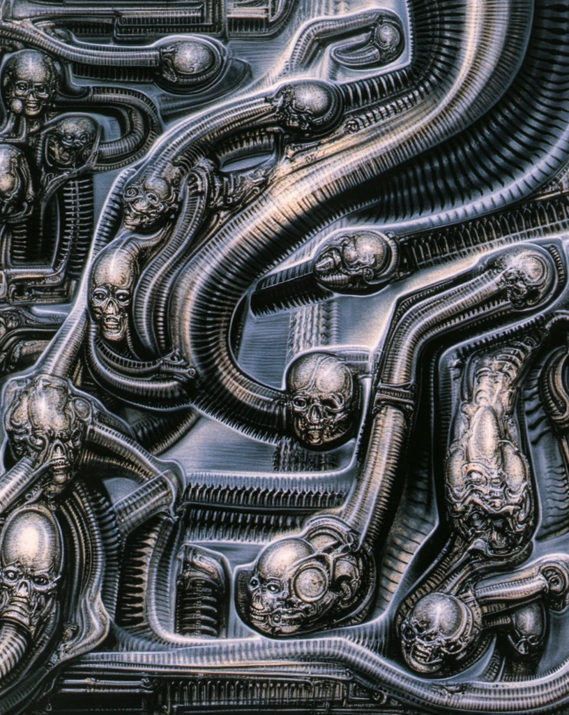 HRGGR, The image is a detailed view of H.R. Giger's biomechanical tableau \" LANDSCAPE No 312 \" plate, featuring a complex, intricate, and detailed design of endless Machine in the transit space over the cascade of fallen water, that appears to be a fusion of organic and mechanical elements, with a focus on the interplay between the two.The piece is a tableau, most likely created with a India ink pen or pencil on paper, determined by the thin lines, shading techniques, and the texture of the paper, which is visible around the edges. Used is pen, given the shading and variations in line weight visible in the image. Artist have used a variety of stylus with different degrees of hardness to achieve the shading effects. The use of undersaturated green-grays dark contrasts creates a stark and graphic look. Is used a variety of linework techniques to create different textures. Fine, parallel lines create a smooth, metallic texture,while thicker, more cursive lines suggest cables or wires. Light source from the top highlights skeletals, pper part of foreground, lower part of image is in shadowupper part of foreground, lower part of image is in shadow. The art performance showcases the artist’s skills in observation and rendering. The level of detail in the piece suggests a close study of real bone specimens and mechanics. The artist has skillfully used shading techniques to create a convincing illusion of three-dimensionality on a flat surface. The wrinkles and cracks in the surface, and the cast shadows with accuracy, used shading techniques to create a realistic depiction of light and shadow on the objects. This creates a sense of depth and dimension in the image. The artist has used careful linework to depict the contours and textures in the piece Sharp focus on foreground elements illustration. Deep and delicate DOF. Big painting. Stored in Louvre masterpiece, ooze soaked pajama top