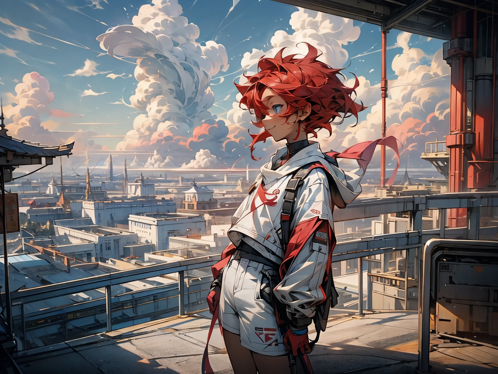 Flying, girl１people,A futuristic building ,Flying飛空艇,Blue Sky,Flowing Clouds, on the roof , Looking up at the distant sky, Short Hair, shortcuts,Red hair color,Blue Eyes,, boyish in the apartment,アジアpeople,smile, elementary school students, tanned skin,Being thin,Freckles,White shorts,White tank top, red jacket,High angle,