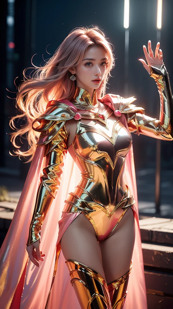  best quality , Masterpiece Ultra High Definition , Original photo,  1 girl, (( slender body )), ((Waving Sardines)), Cinema Lighting,   very long hair  ,  beautiful eyes, wind, necklace,  earrings with cups, ((Metallic Cosplay)), ((Ironic Outfit)), ((Pink armor )), ((Electric Cape)), ((Waist)), (()), ((Glowing neon)), ((Realistic)), At the Palace, Night Weather,  Cinematic Poses ,Sailor Moon