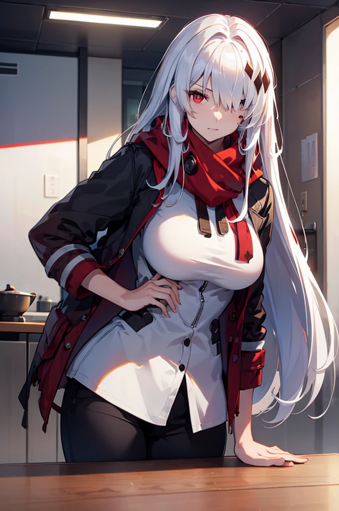 (best quality:1.3), (masterpiece:1.3), (illustration:1.3), (ultra-detailed:1.3), (mid shot:0.9), 1girl, white hair, one eye covered, ((hair over one eye)), solo, ((large breasts)), tall, mature, long hair, serious expression, red overcoat, black pants, upper body, hair ornament, facial mark, heterochromia, ((red eyes, grey eyes)), red scarf, red jacket, open jacket, red pouch, sitting, indoors, 