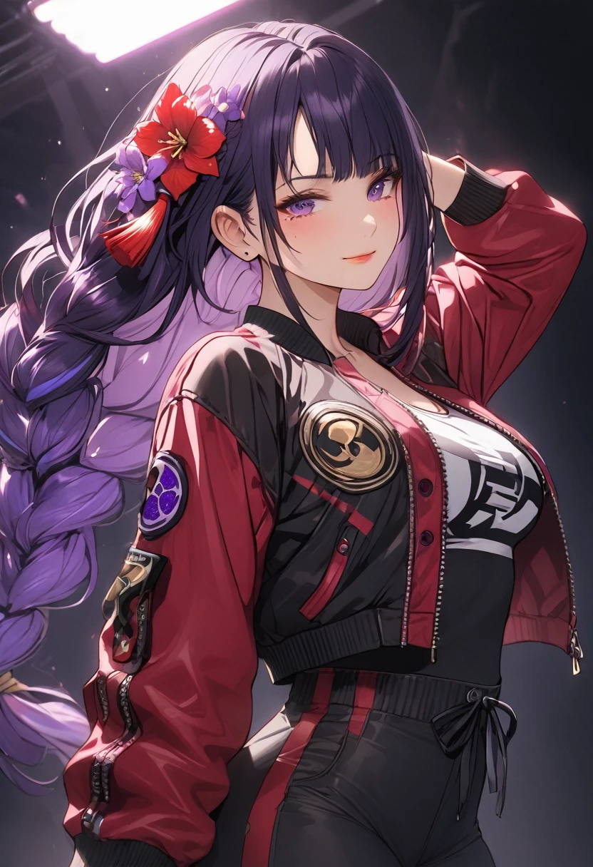 a woman, cropped bomber jacket, stylish top, high-waisted trousers, chunky sneakers, embroidered patches, unique prints, modern, stylish, fashionable, detailed, 8k, high quality, studio lighting, vibrant colors, dynamic pose, raiden shogun, braid, braided ponytail, hair flower, hair ornament, long hair, mole, mole under eye, purple eyes, purple flower, purple hair, single braid, sidelocks, mature female, whole body,
