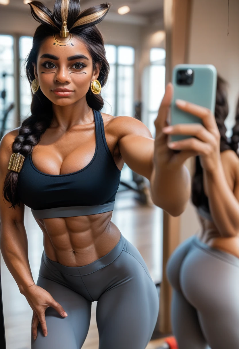 A 35mm photorealistic bokeh shot of Illari, a muscular woman, black braided hair Latina, showing off her toned abs and thighs, wearing a black sports bra and grey yoga leggings, selfie showing off butt and abs in the gym mirror, smiling Instagram girl, gold Aztec face tattoo and earrings