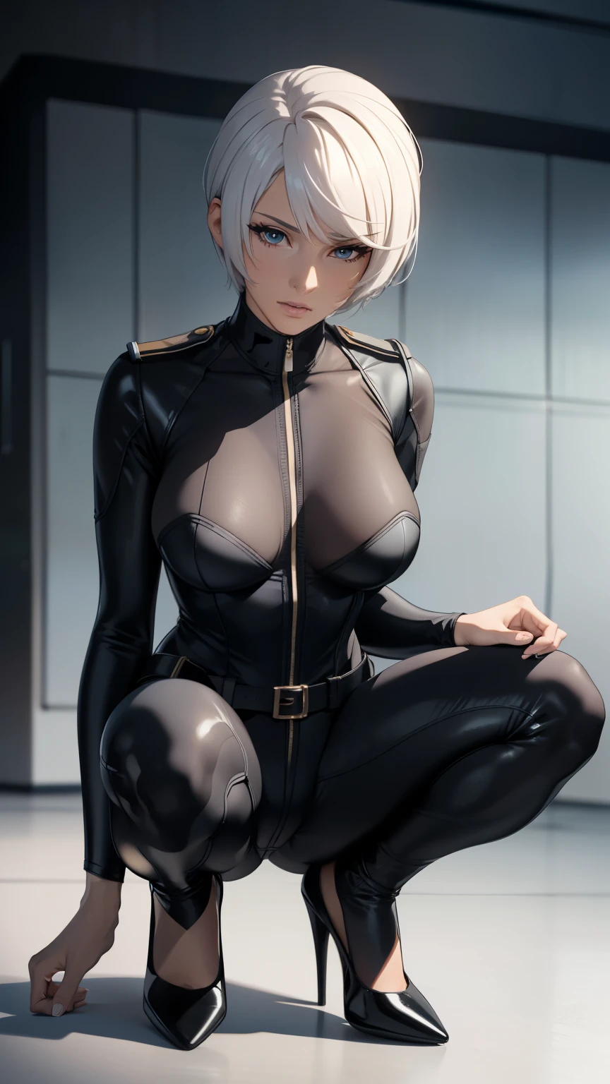 high quality, high definition, 8K, masterpiece, highest quality, photorealistic, perfect anatomy, solo, one middle-aged woman, looking at viewer, horizontal angle, shot from the front, saggy breasts, muscular, no crotch, no skin, head held high, squatting on the floor, legs spread, silver hair, pixie cut, full body bodysuit, rubber bodysuit, sheer jumpsuit, latex bodysuit, uniform, belt, high heels, sharp focus