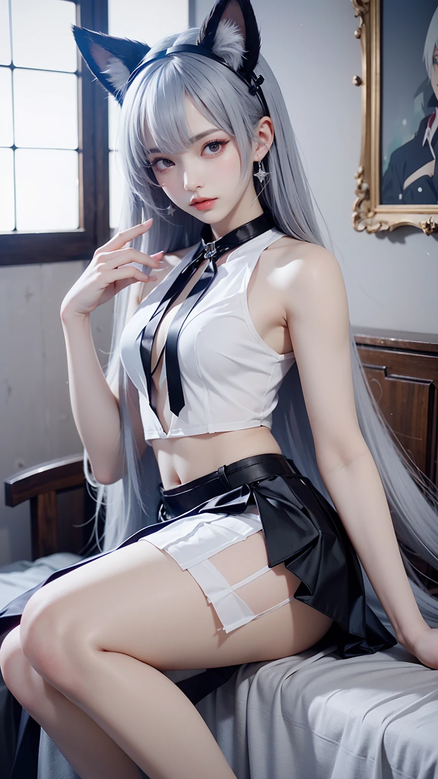 Long-haired anime girl sitting on the bed, Cat ears, From Girls Frontline, Cute anime wearing beautiful clothes,  sexy anime girl , White-haired god,  exquisite details . Wearing a skirt, Anime 4k  